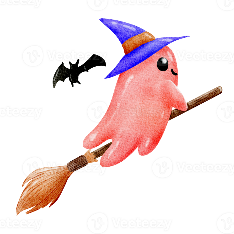 Cute little ghost flying by using the broom png