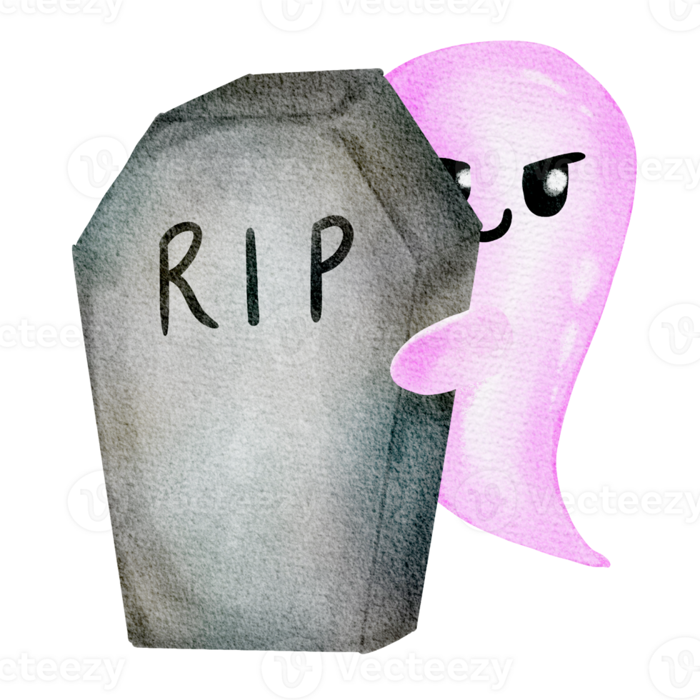 Cute shy pink ghost sneak behind the tombstone png