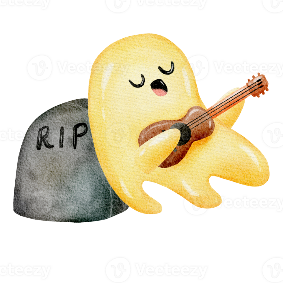 Cute little ghost playing guitar and Leaning the tombstone png