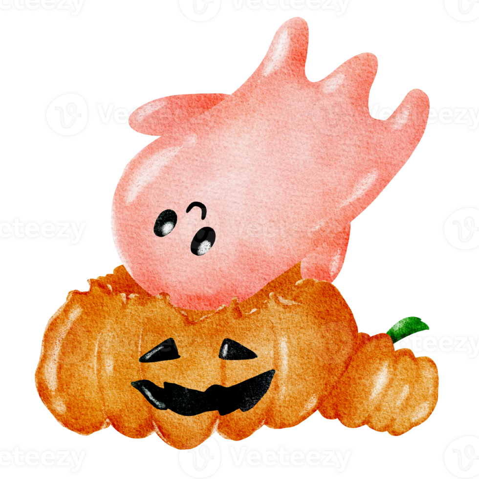 Cute red ghost floating above the pumpkin png