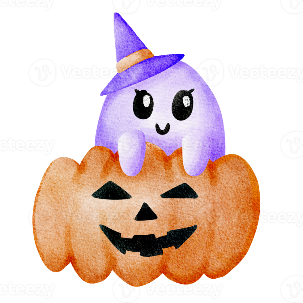 Cute halloween ghost wearing witch hat in the pumpkin png