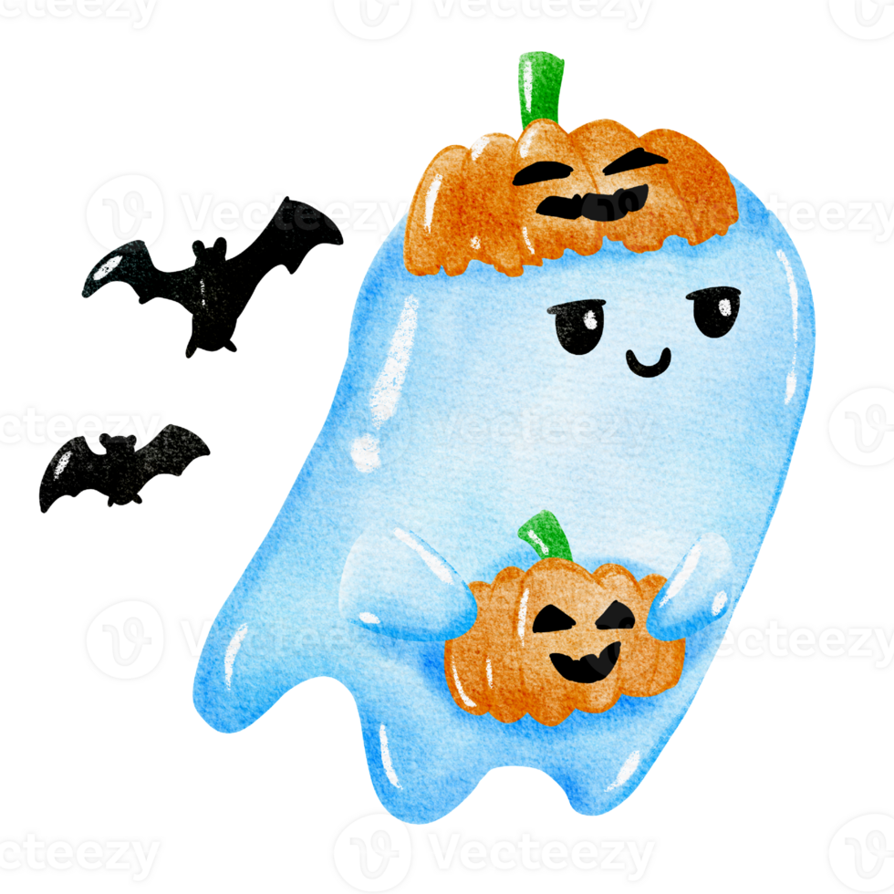 Cute halloween ghost wearing pumpkin hat and the bats png