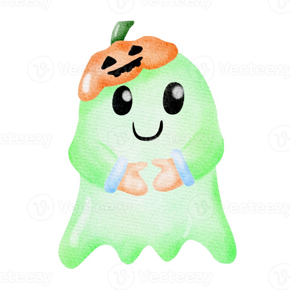 Cute halloween green ghost wearing pumpkin and gloves png