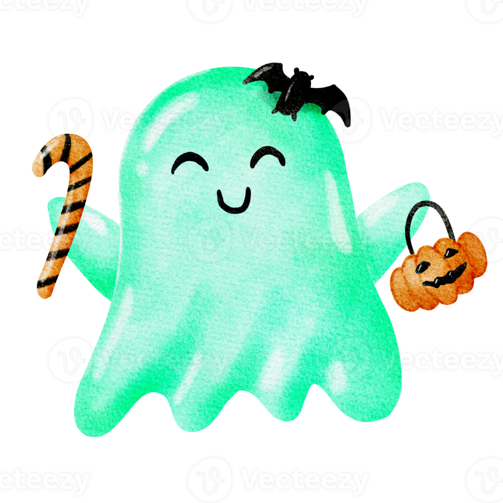 Cute green ghost holding pumpkin pot and candy png