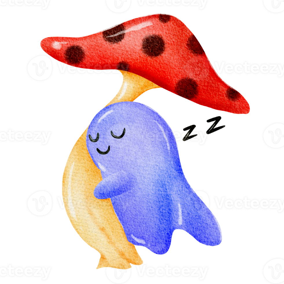 Cute little sleeping ghost hugging a mushroom umbrella png