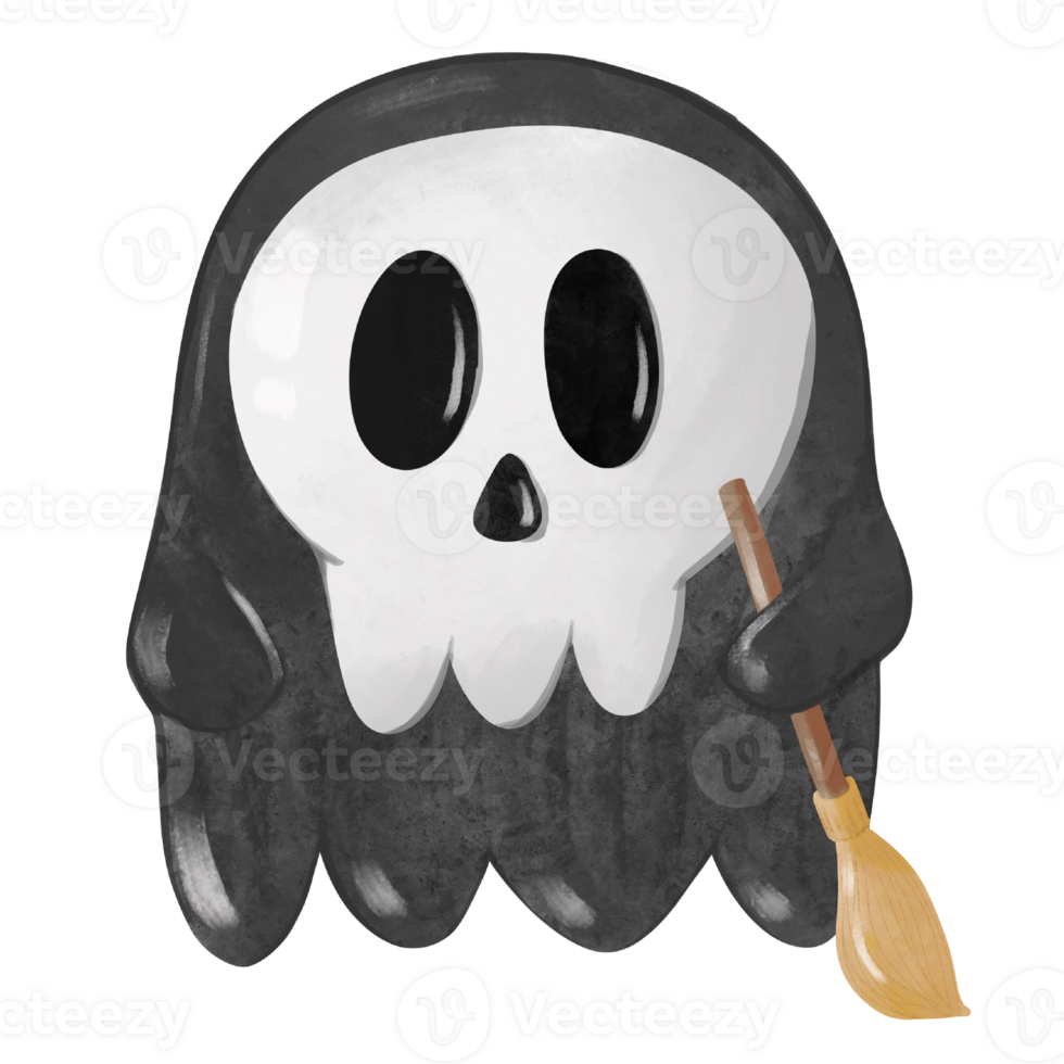 Cute skull face ghost holding a broom png