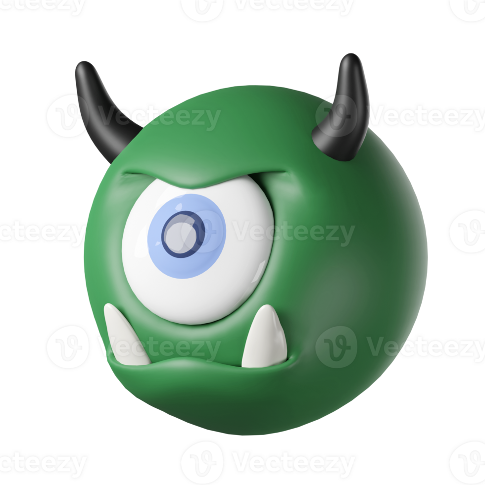 3D demon angry green color, isolated on transparent background. one-eyed horned devil halloween png