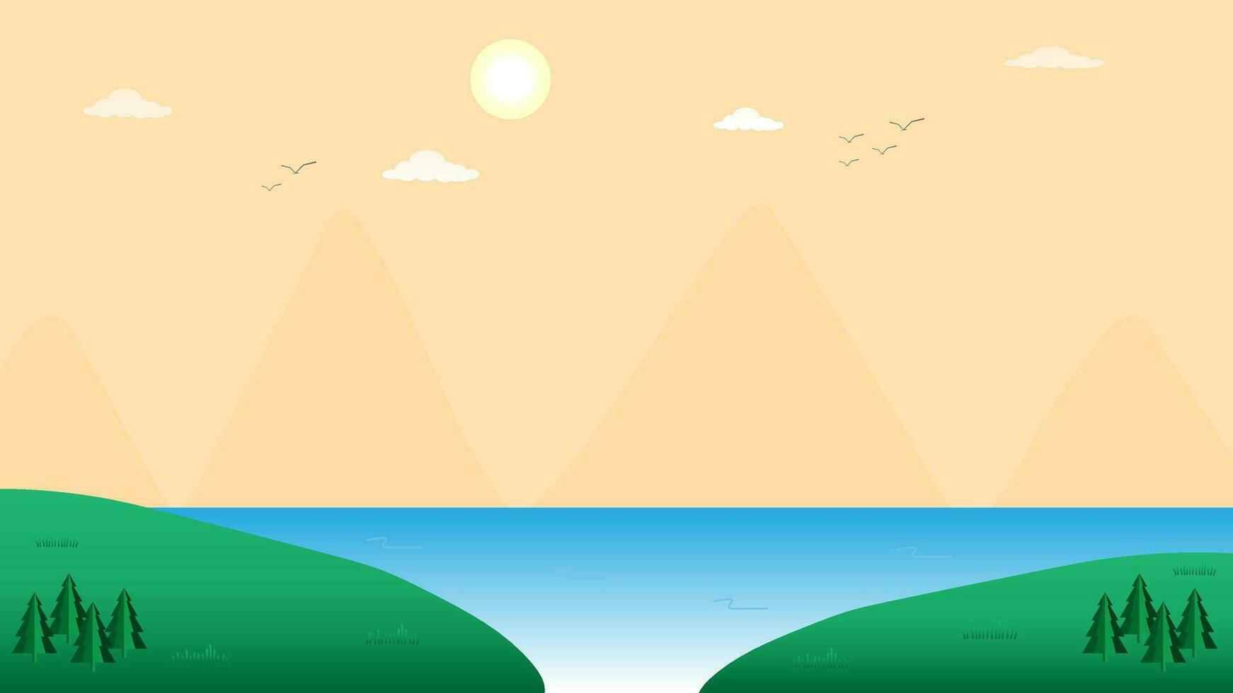 Vector illustration lake in nature and mountain with beautiful sunshine landscape