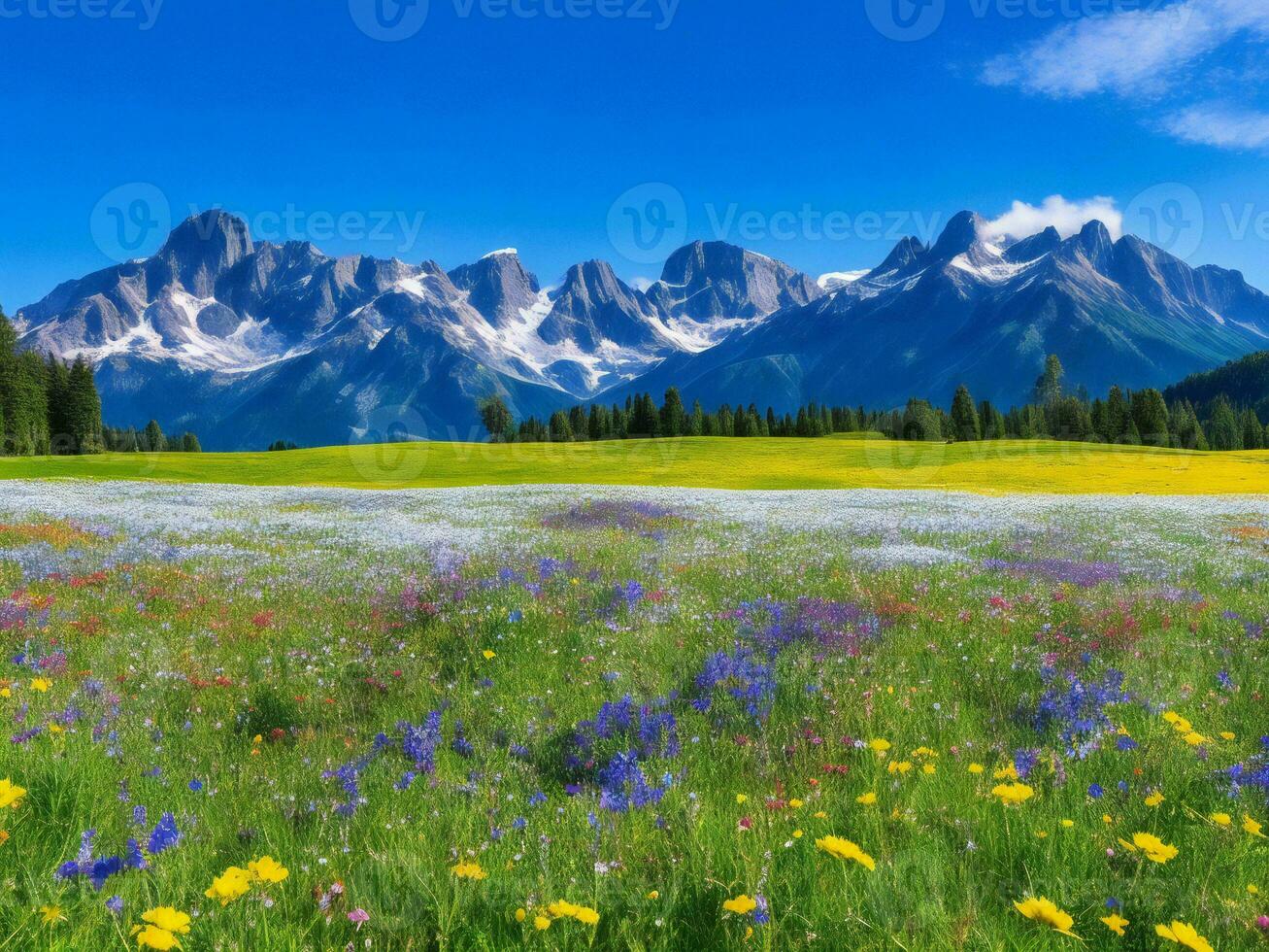 el prado de flores y montañas ai generado foto