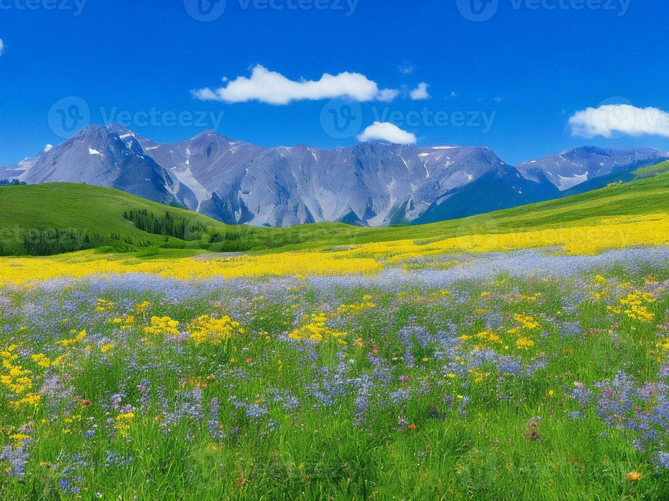 el prado de flores y montañas ai generado foto