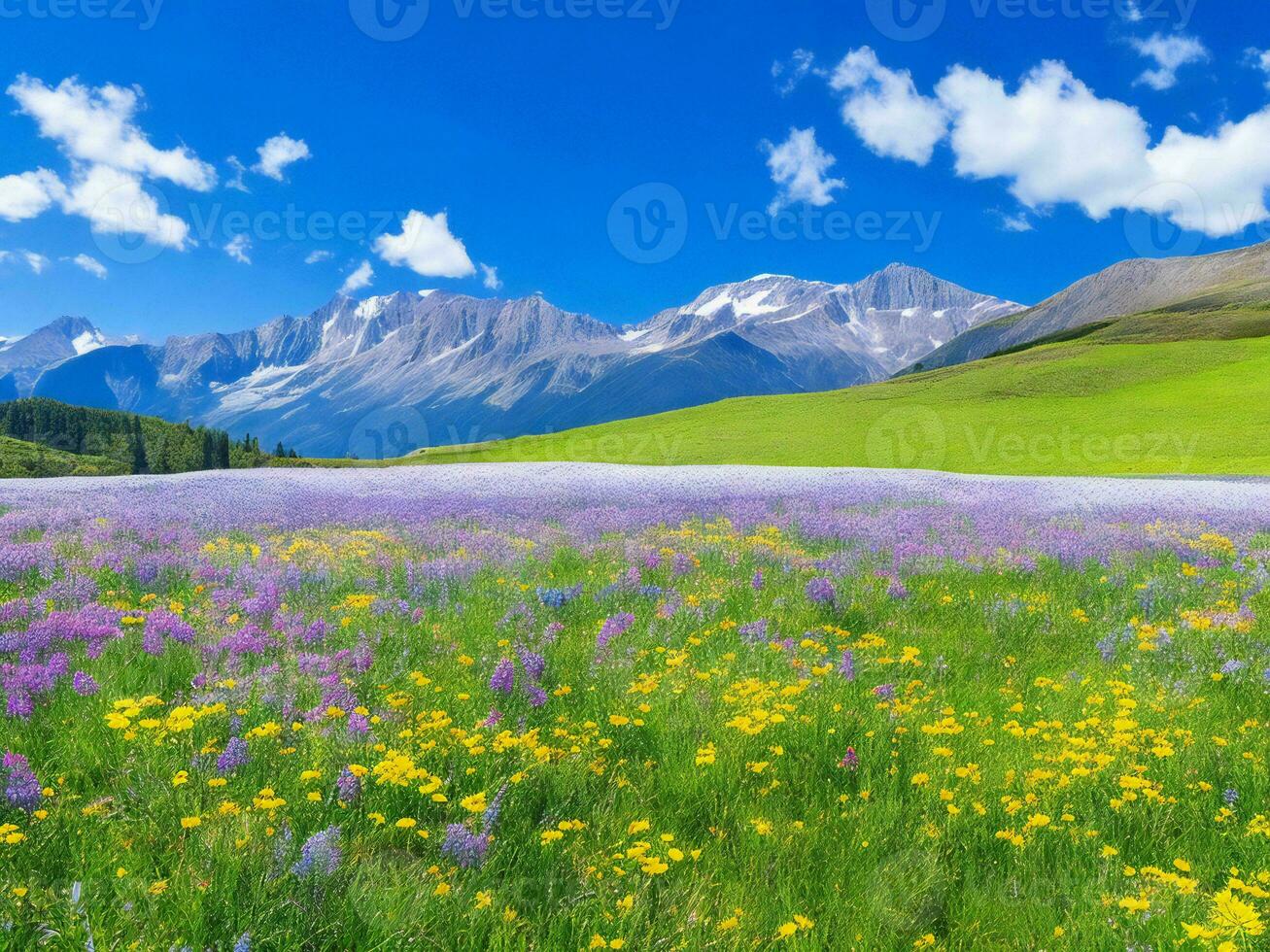 flores silvestres en un prado con montañas en el antecedentes ai generado foto