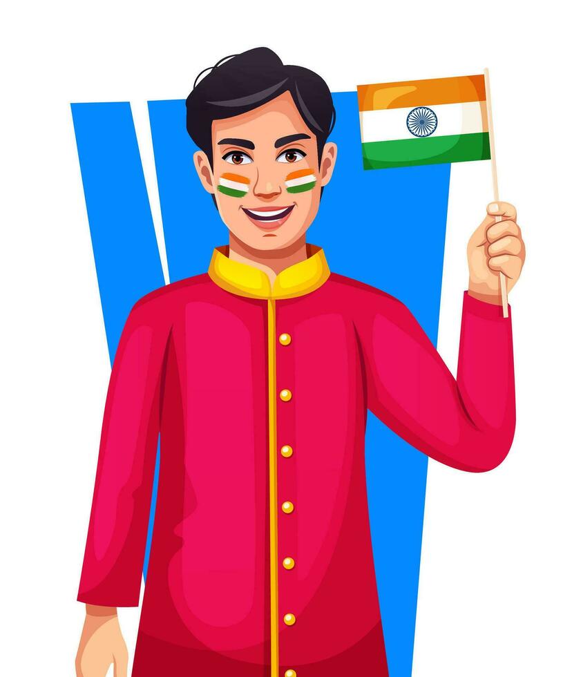 Happy Patriot Day Indian boy holding Flag and painted Indian flag on his face. Stock vector for Republic or Independence Day.