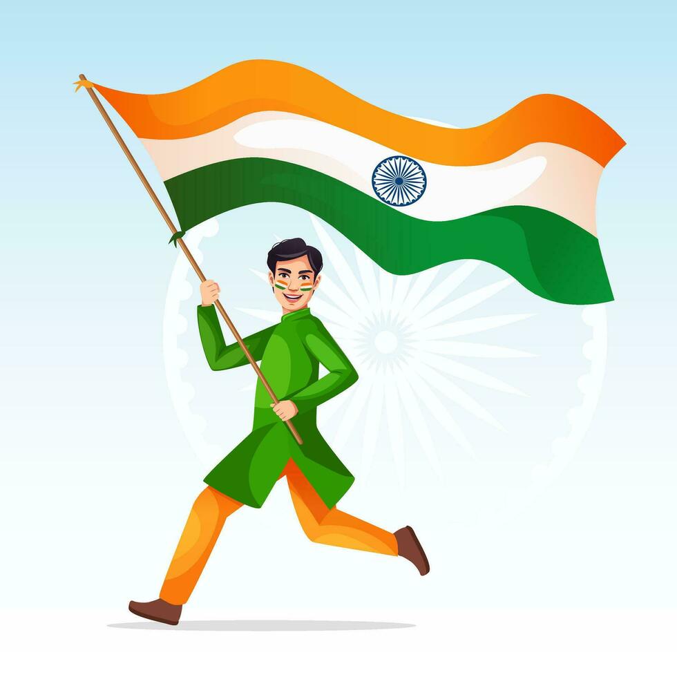 un patriótico indio chico ondulación el nacional bandera de India y correr. concepto de independencia o república día celebracion. vector