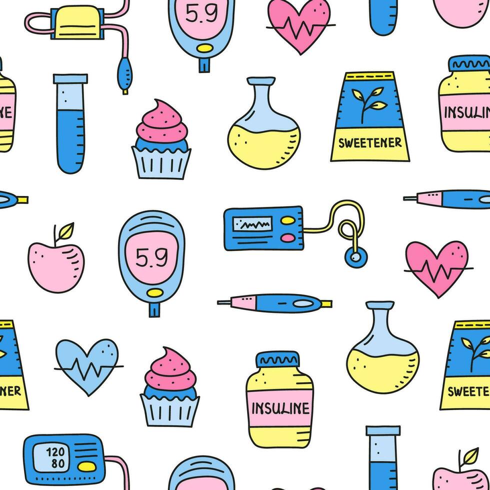 Seamless pattern with doodle diabetes items. vector