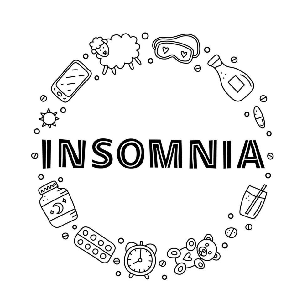 Doodle outline insomnia and bed time icons in circle. vector