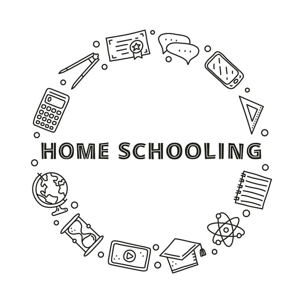 Doodle outline education, e-learning icons in circle. vector