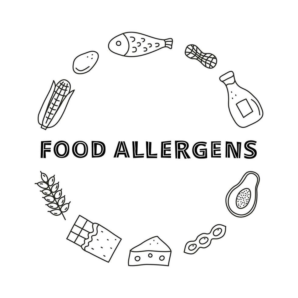 Doodle outline food allergens in circle. vector