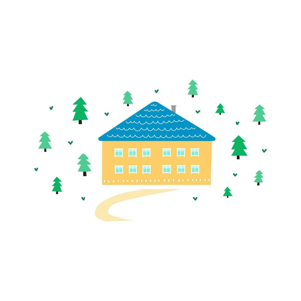 Doodle big house with forest fir trees around. vector