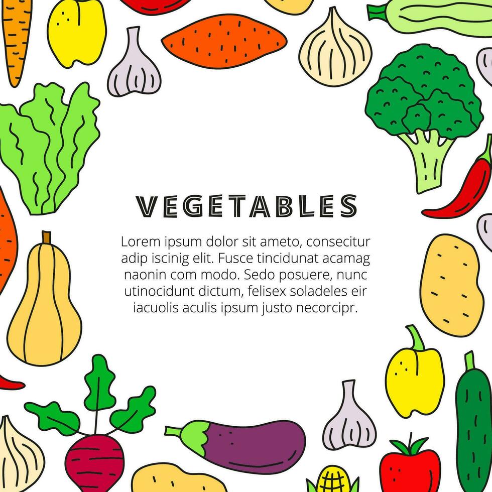 Poster with doodle colorful food vegetable icons. vector