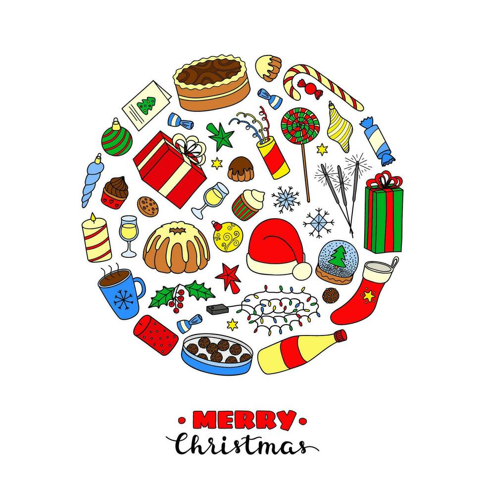 Hand drawn Christmas items in circle. vector