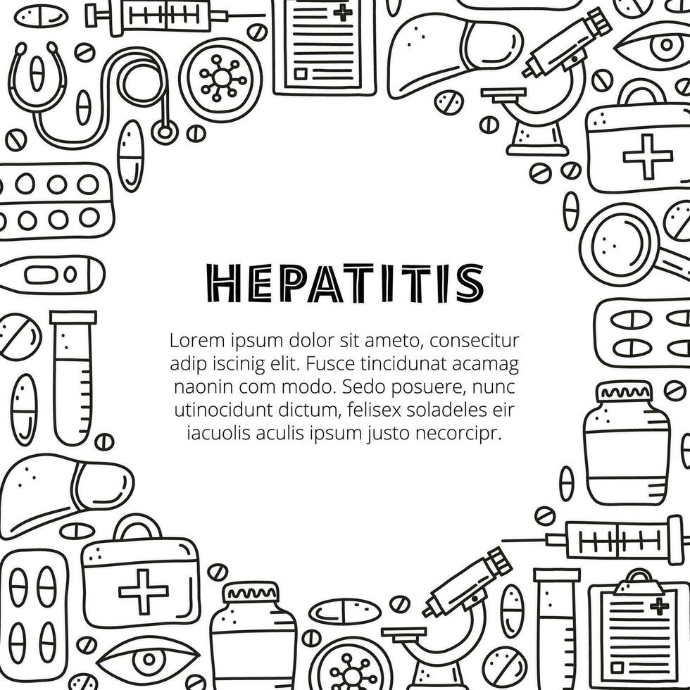 Poster with doodle outline hepatitis medical icons. vector