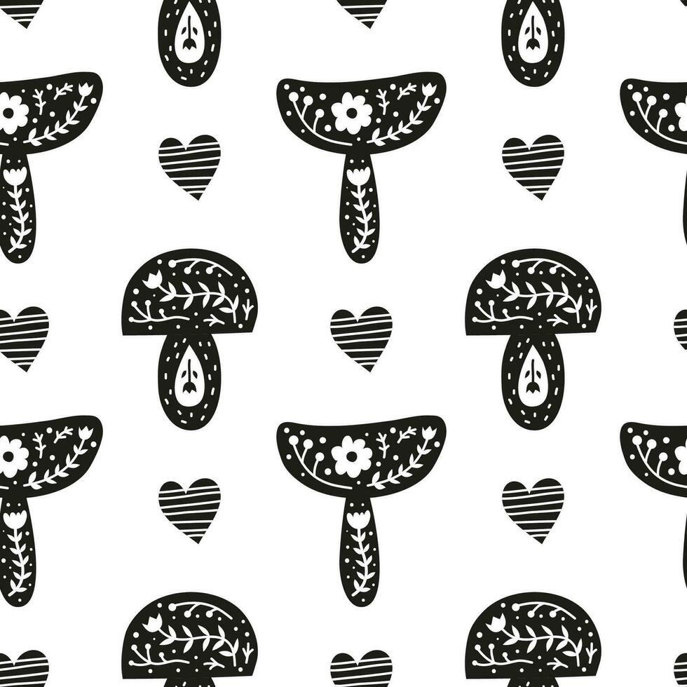 Scandinavian seamless pattern with doodle mushrooms and hearts. vector