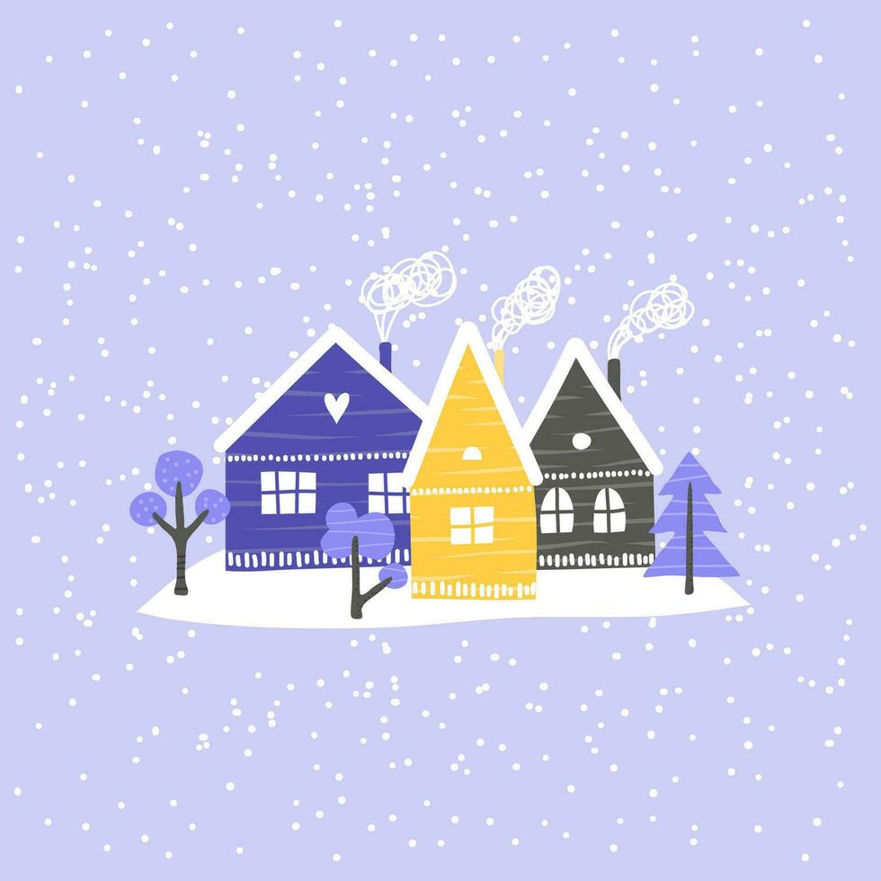 Doodle house, trees and snow. vector