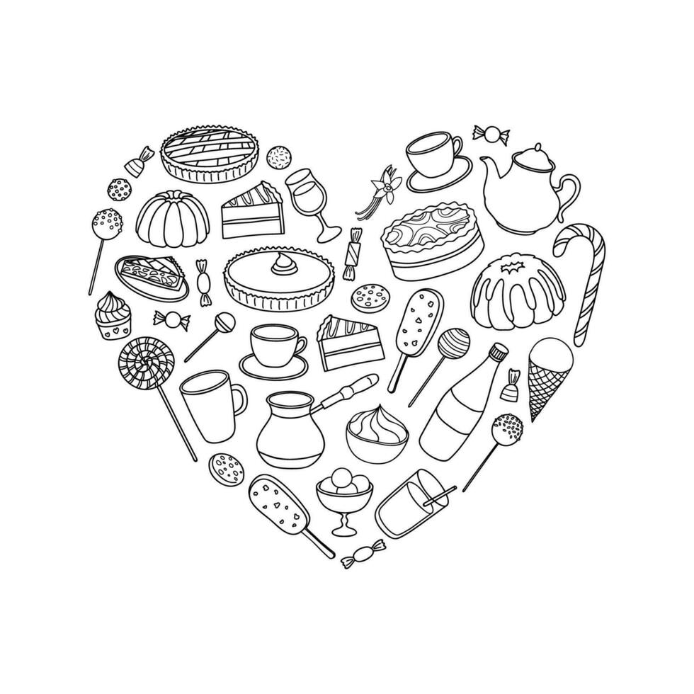 Hand drawn sweets in heart shape. vector