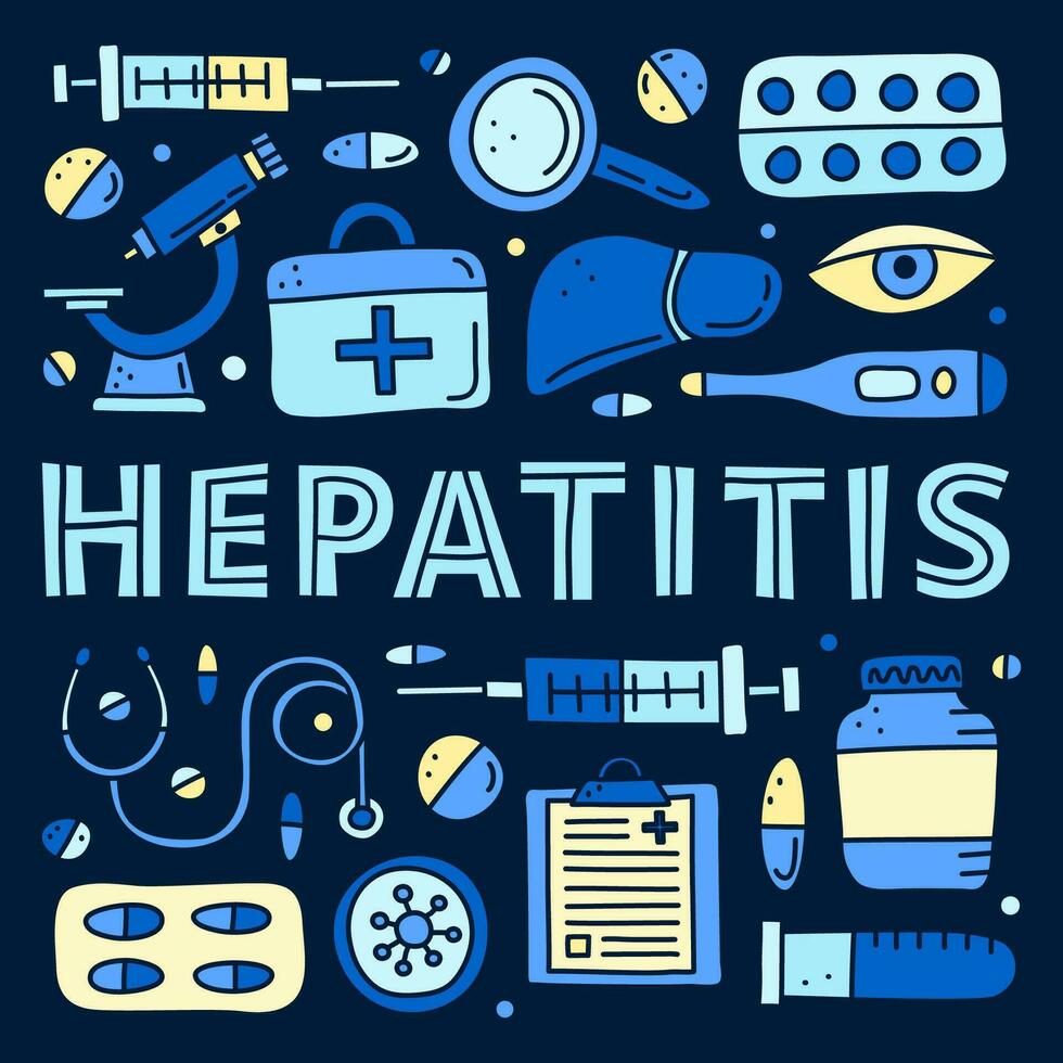 Poster with doodle colorful hepatitis medical icons. vector