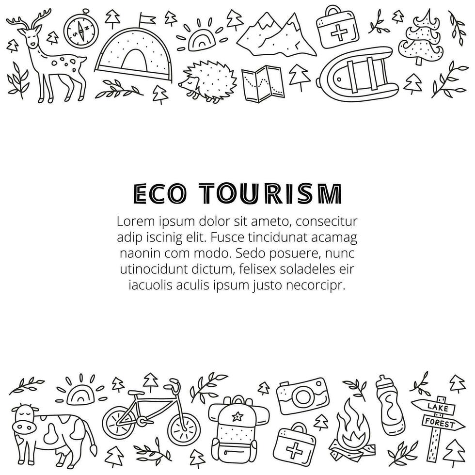 Poster with doodle outline eco tourism icons. vector