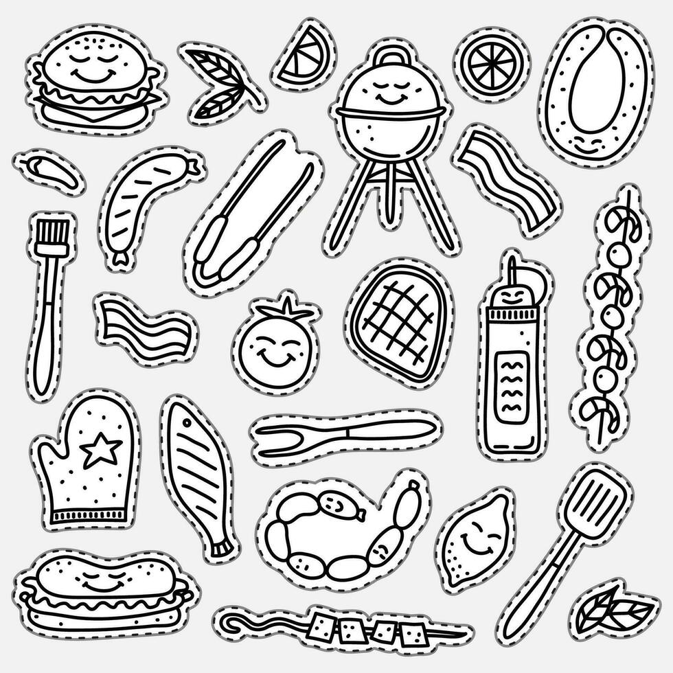 Doodle stickers with barbecue foods. vector