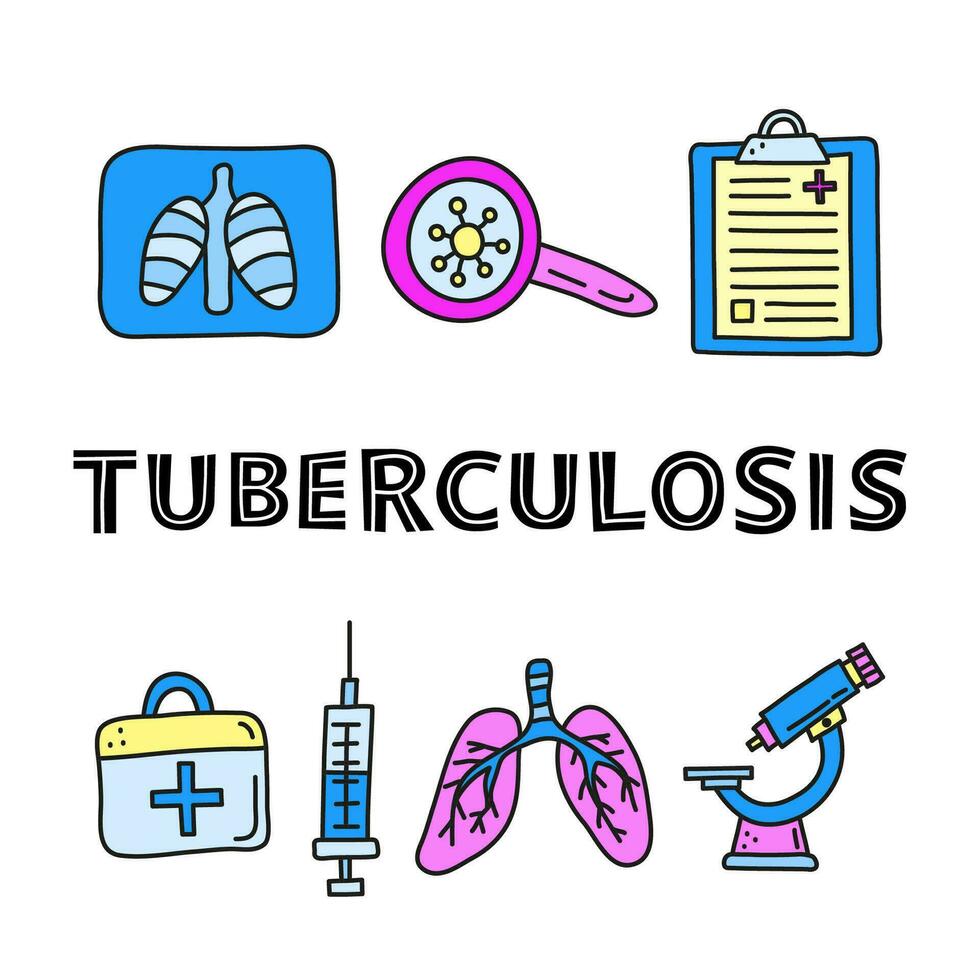 Poster with lettering and doodle colored tuberculosis items. vector