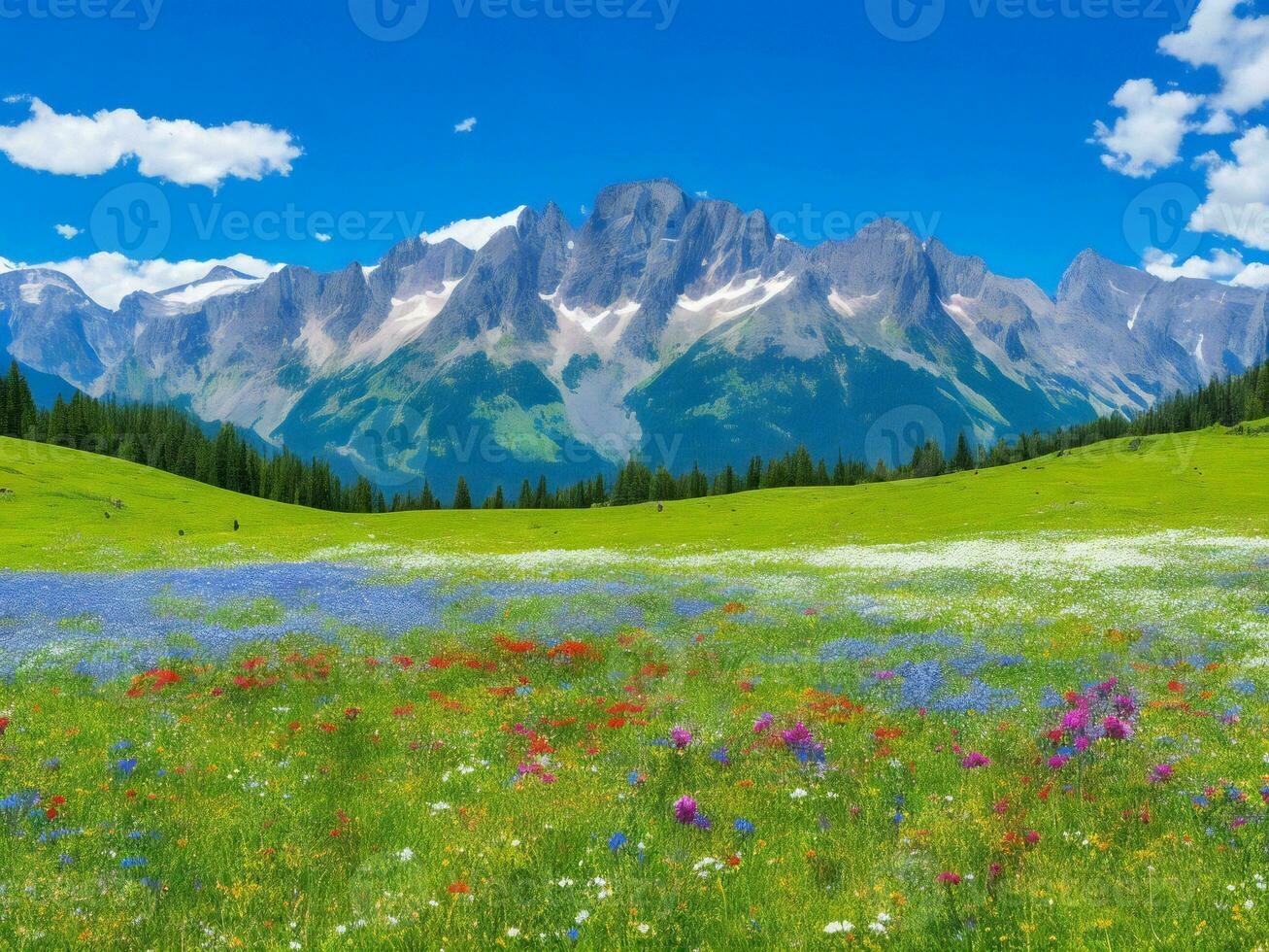 the meadow of flowers and mountains ai generated photo