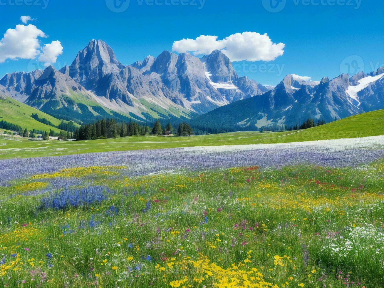 wildflowers in a meadow with mountains in the background ai generated photo