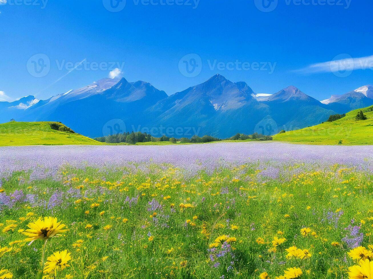 flores silvestres en un prado con montañas en el antecedentes ai generado foto