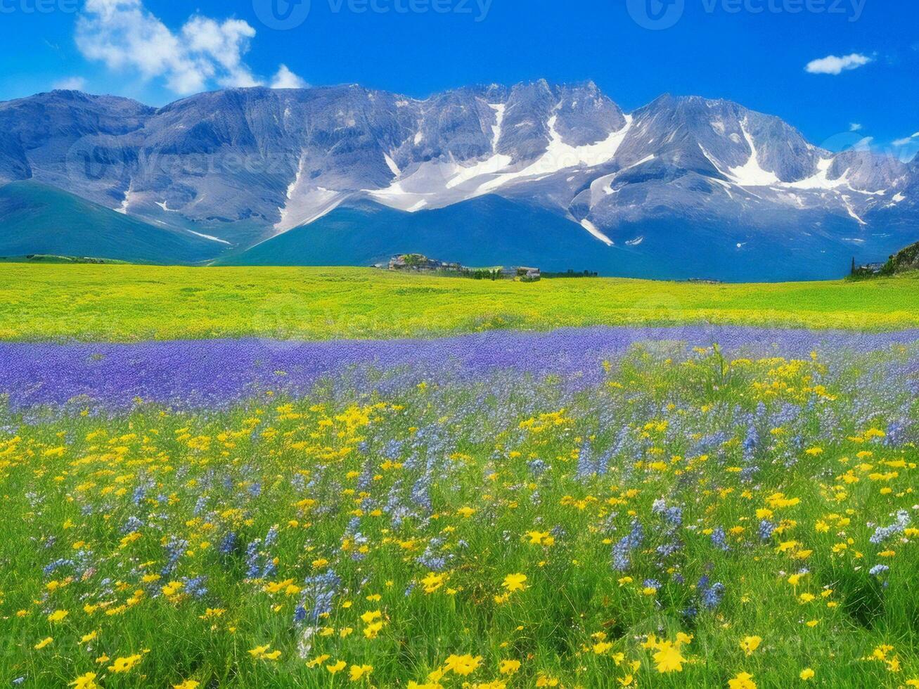 flores silvestres en un prado con montañas en el antecedentes ai generado foto