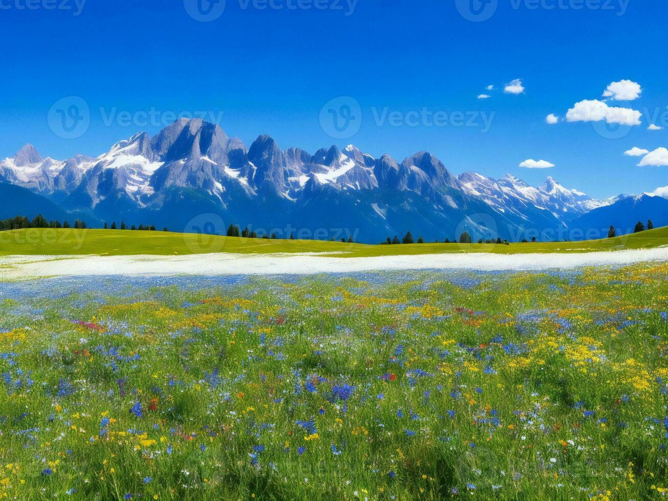 el prado de flores y montañas ai generado foto