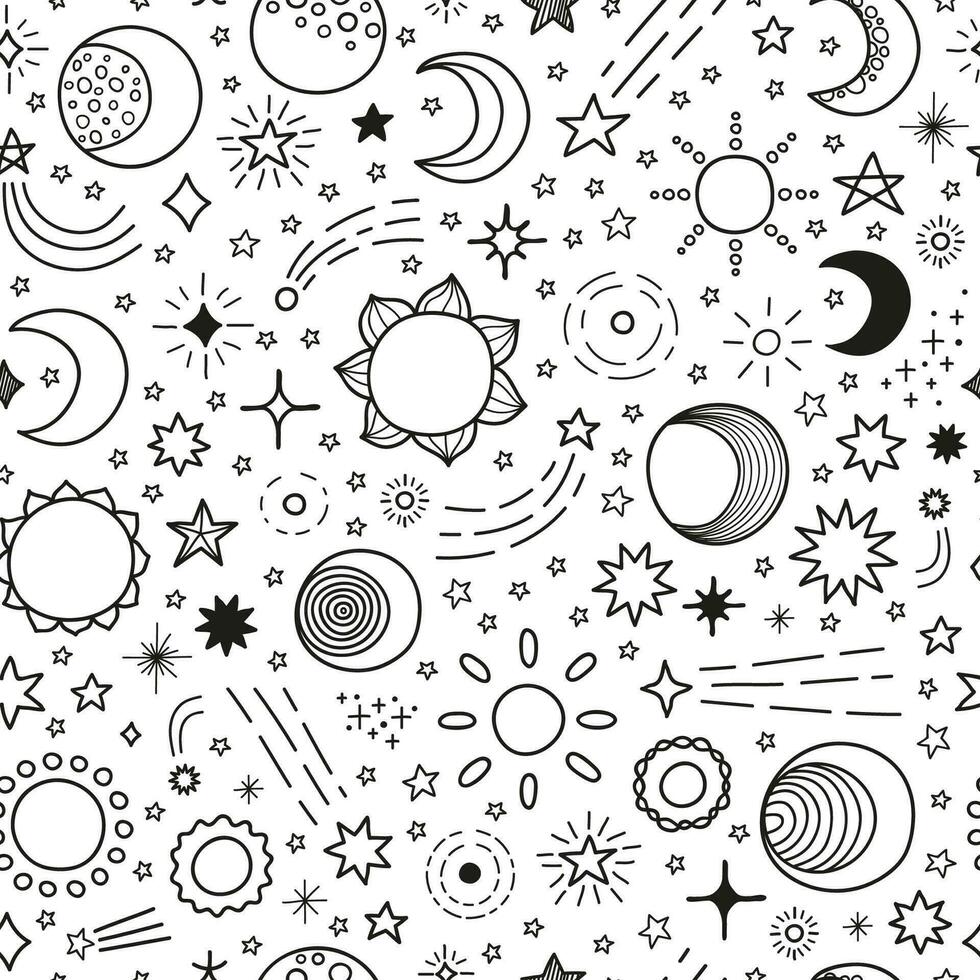 Seamless pattern with stars, sun, moon. vector