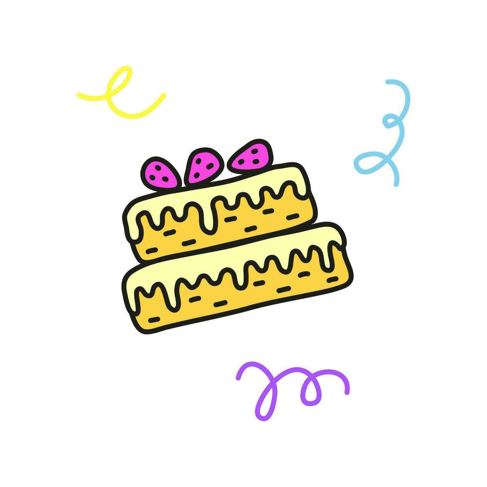 Doodle colored cake with swirls around. vector