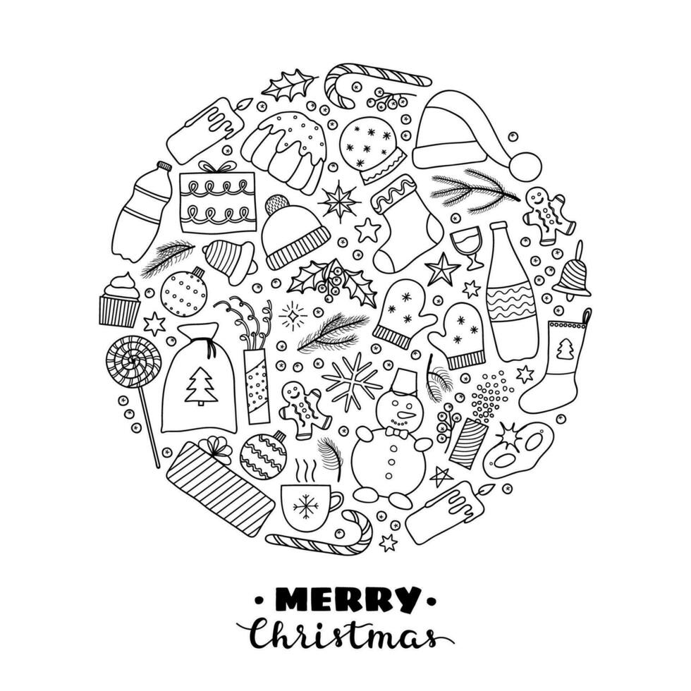 Christmas and New Year doodle items in circle. vector