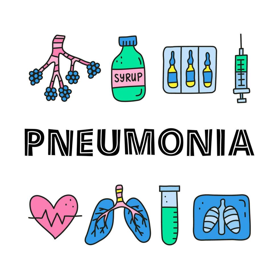 Poster with lettering and doodle colored pneumonia icons. vector