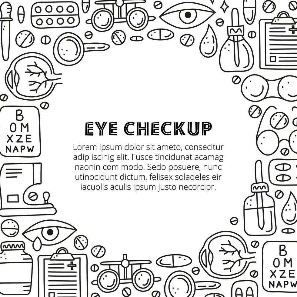 Poster with lettering and doodle outline ophthalmology icons. vector