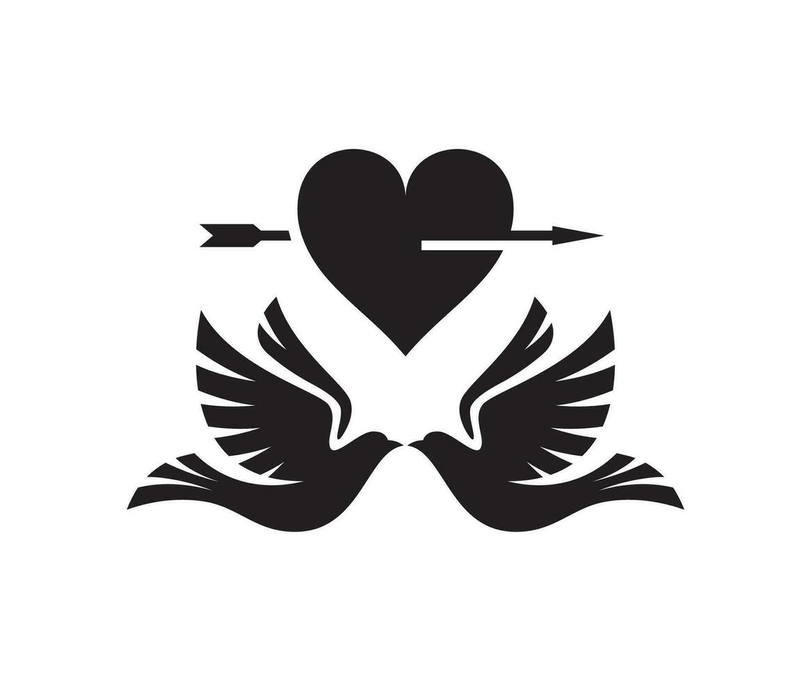 Silhouettes of Doves with hearts arrow on white background. Love symbols, couple of pigeons. vector