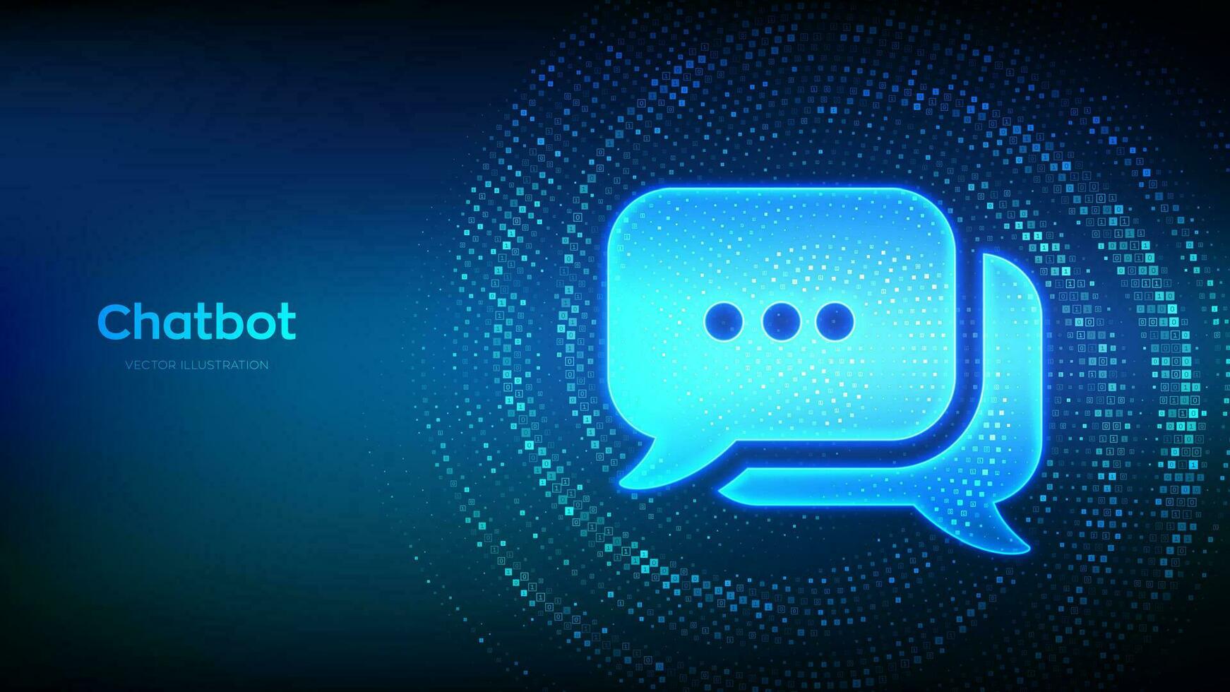 Chat icon made with binary code. Chatbot assistant application. Talk bubble speech. Dialogue balloon. Binary data. Virtual tunnel warp made with digital code. Data Flow. Vector Illustration.