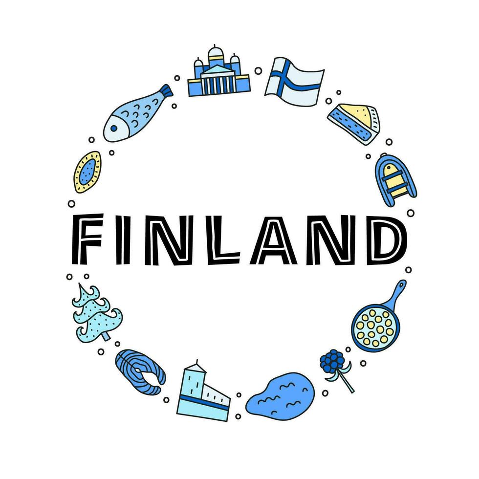 Doodle colored finland icons in circle. vector