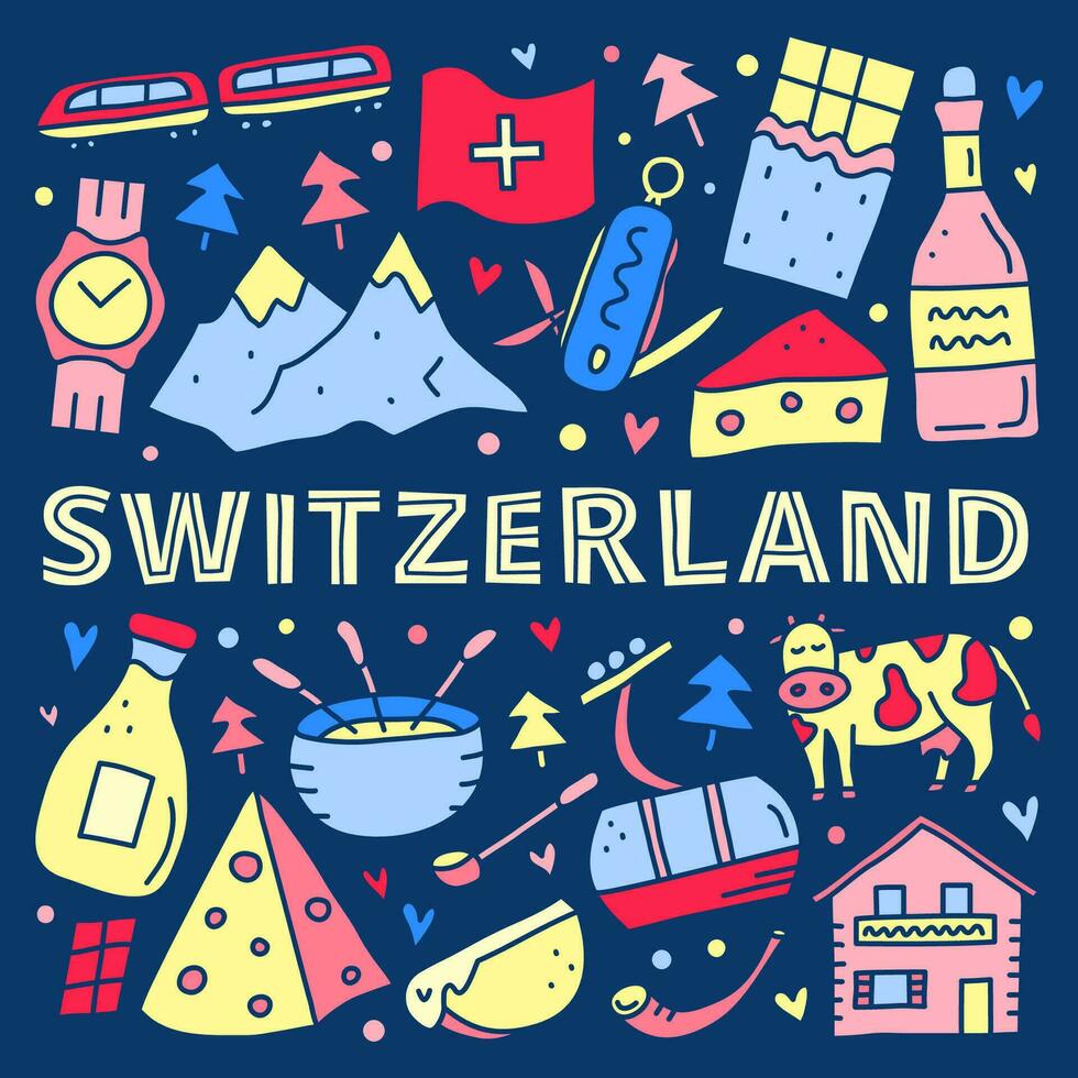 Poster with doodle colorful Switzerland travel icons. vector