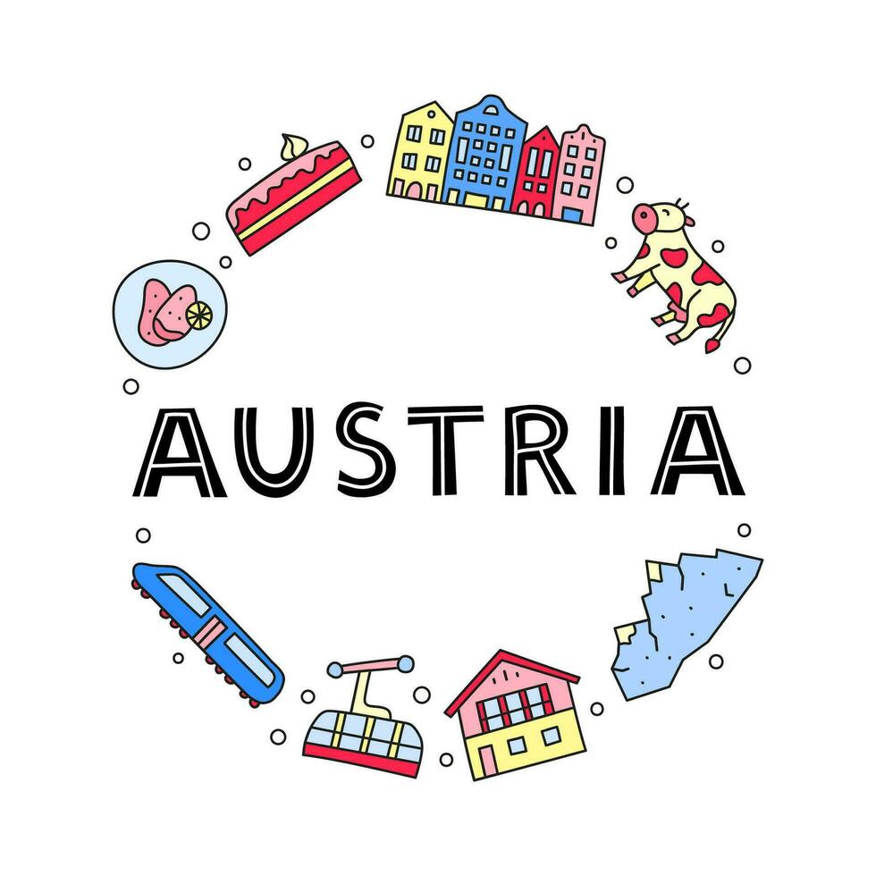 Doodle colored Austria icons in circle. vector