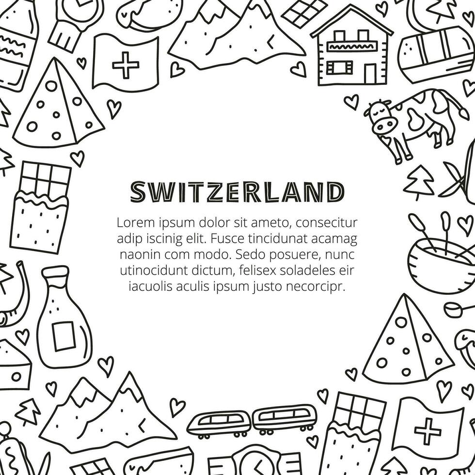 Poster with doodle Switzerland travel icons and text. vector