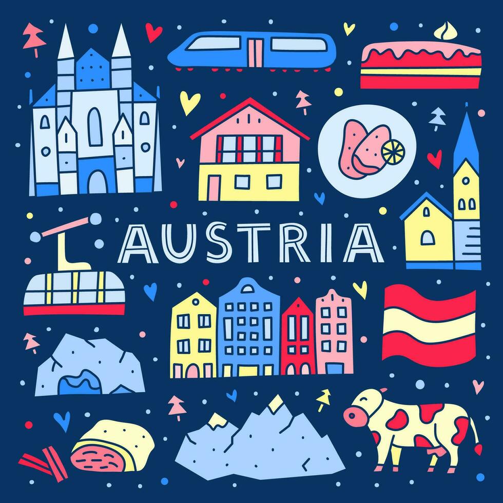 Poster with lettering and doodle colorful Austria icons. vector