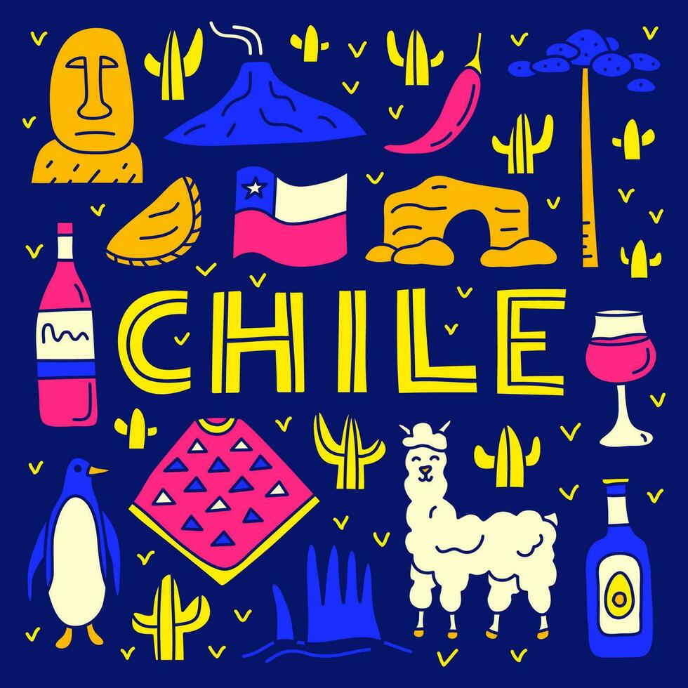 Poster with lettering and doodle colorful Chile icons. vector